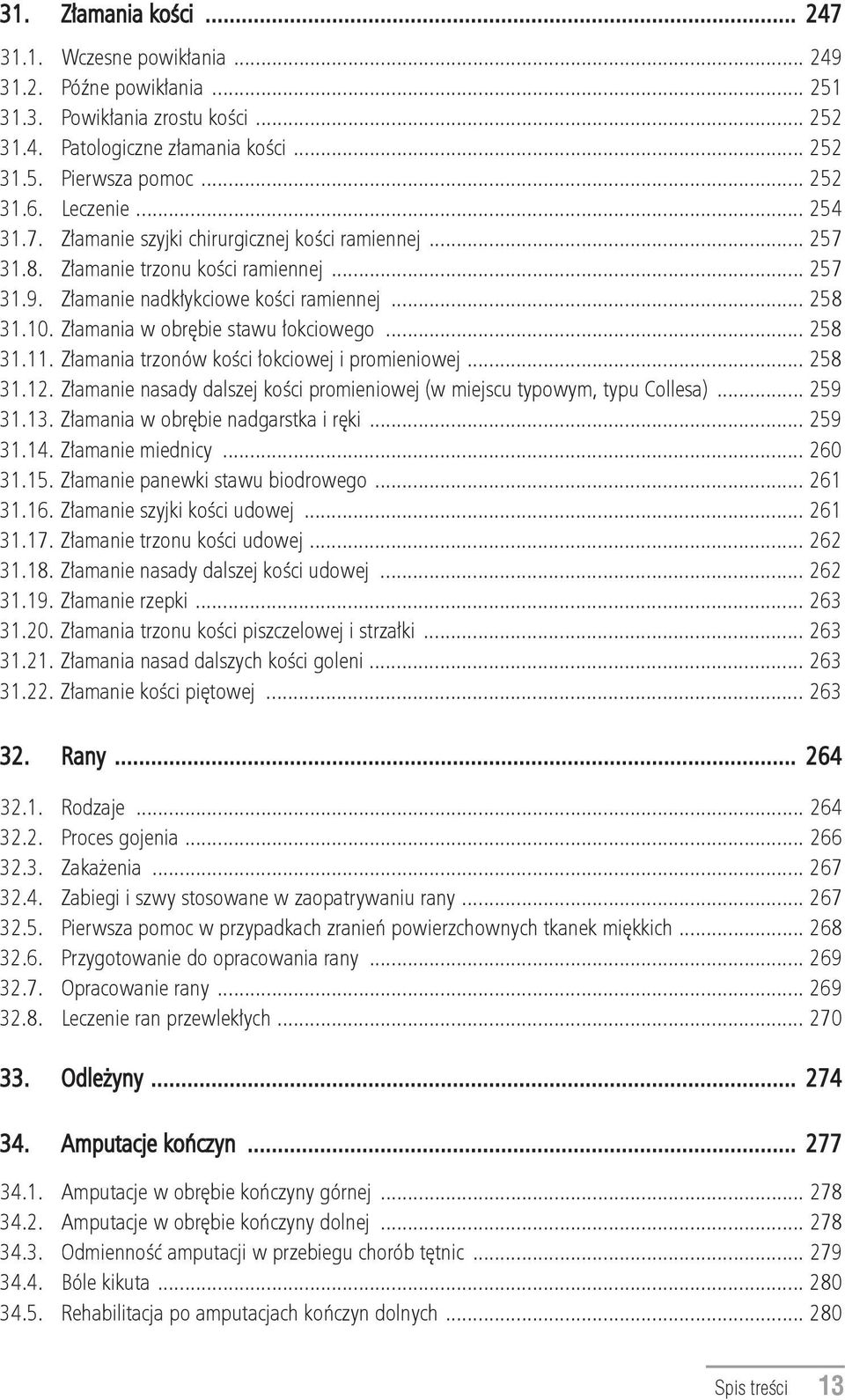 Złamania w obrębie stawu łokciowego... 258 31.11. Złamania trzonów kości łokciowej i promieniowej... 258 31.12. Złamanie nasady dalszej kości promieniowej (w miejscu typowym, typu Collesa)... 259 31.