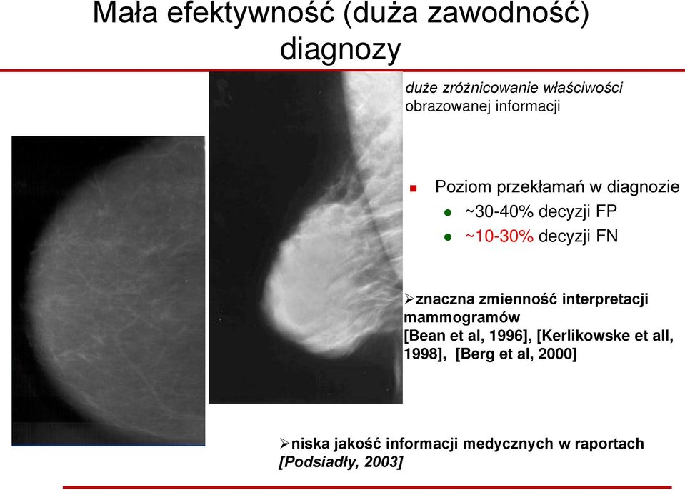 decyzji FN znaczna zmienność interpretacji mammogramów [Bean et al, 1996],