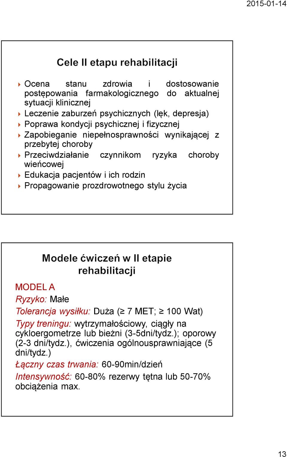 Propagowanie prozdrowotnego stylu życia MODEL A Ryzyko: Małe Tolerancja wysiłku: Duża ( 7 MET; 100 Wat) Typy treningu: wytrzymałościowy, ciągły na cykloergometrze lub bieżni