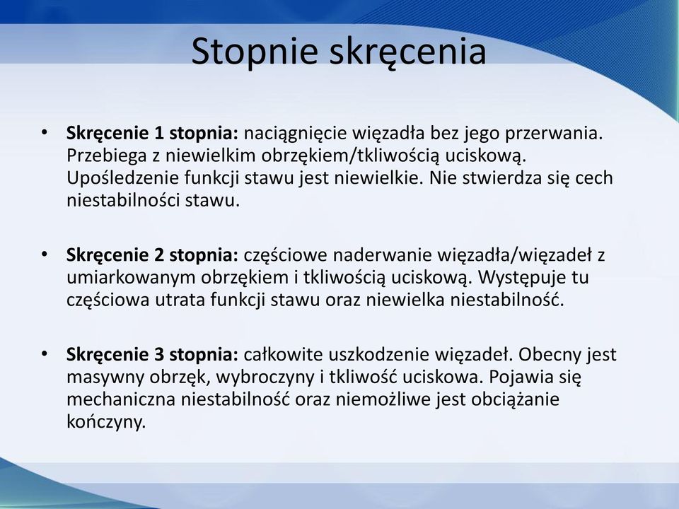 Skręcenie 2 stopnia: częściowe naderwanie więzadła/więzadeł z umiarkowanym obrzękiem i tkliwością uciskową.