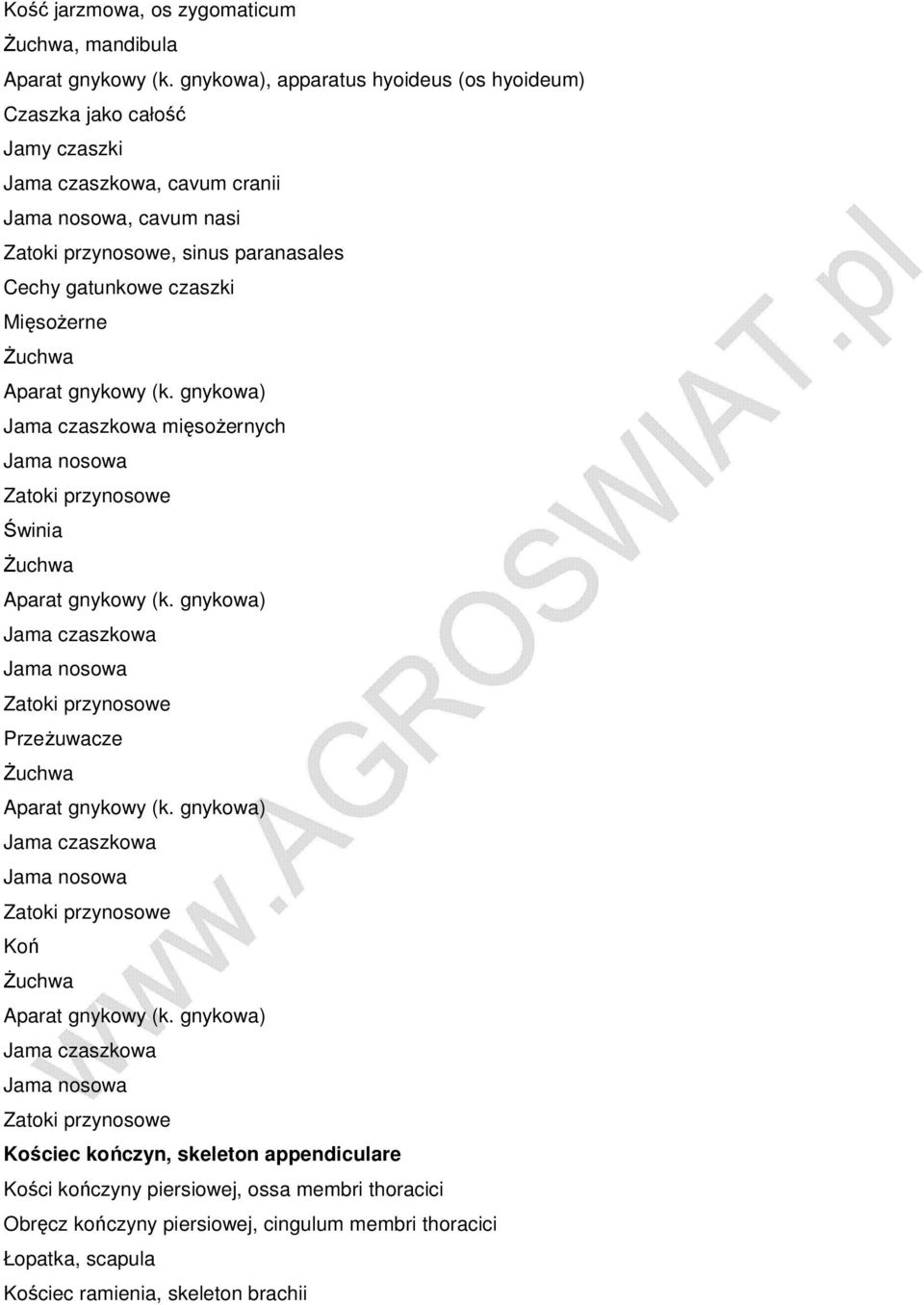 śuchwa Aparat gnykowy (k. gnykowa) Jama czaszkowa mięsoŝernych Jama nosowa Zatoki przynosowe śuchwa Aparat gnykowy (k.