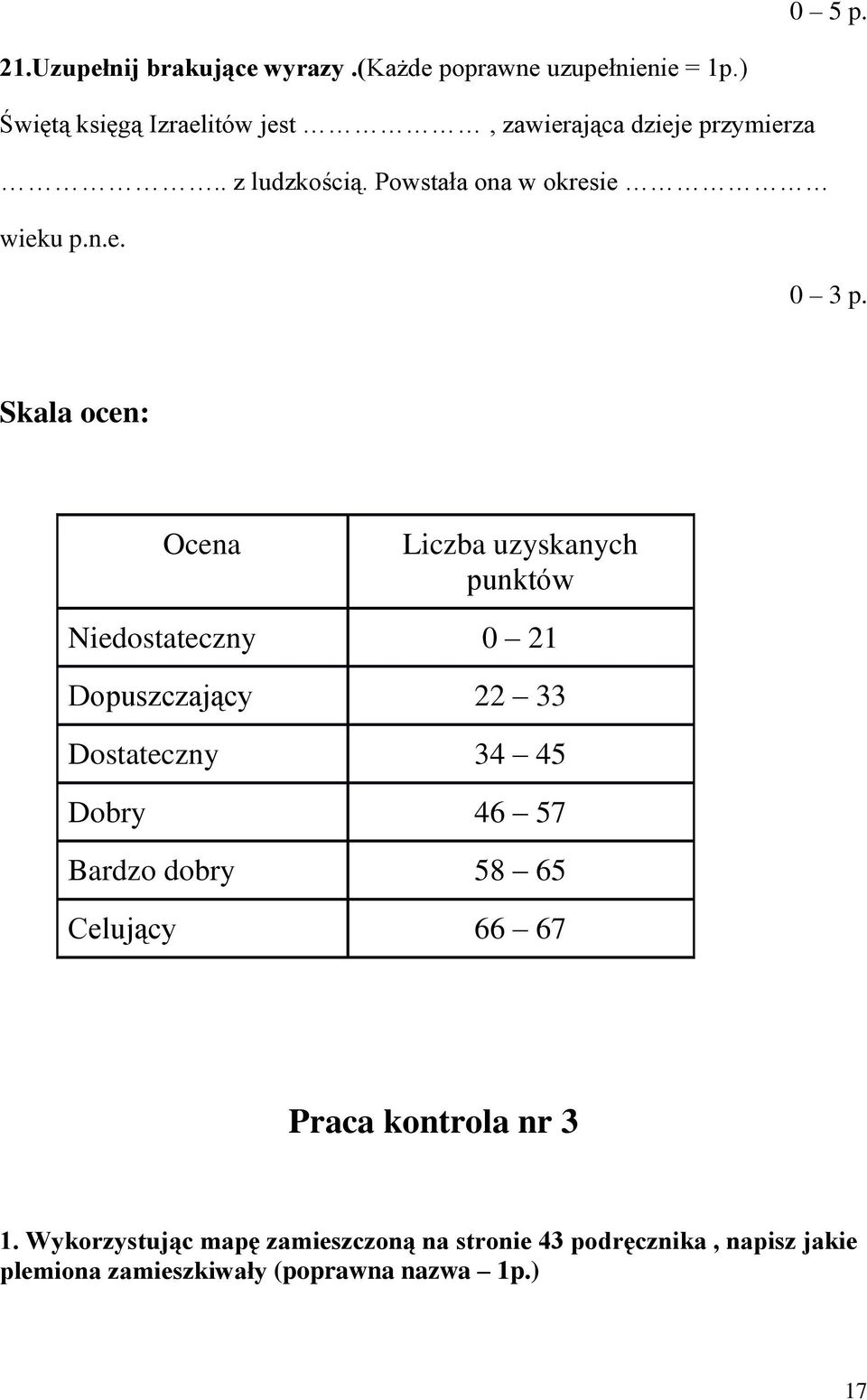 Skala ocen: Ocena Liczba uzyskanych punktów Niedostateczny 0 21 Dopuszczający 22 33 Dostateczny 34 45 Dobry 46 57 Bardzo