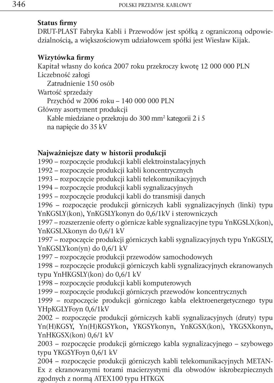 produkcji Kable miedziane o przekroju do 300 mm 2 kategorii 2 i 5 na napięcie do 35 kv Najważniejsze daty w historii produkcji 1990 rozpoczęcie produkcji kabli elektroinstalacyjnych 1992 rozpoczęcie