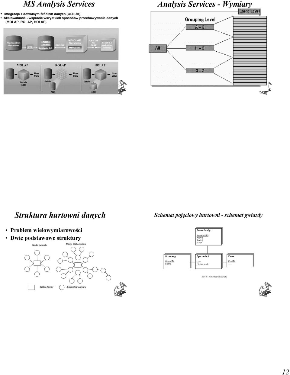 elementów (grupowanie) Wymiary o liczbie potomków większej niż 64k Atrybuty Wiele hierarchii Własne formuły podsumowujące Struktura hurtowni danych