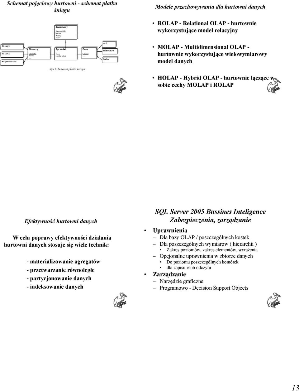 stosuje się wiele technik: - materializowanie agregatów - przetwarzanie równoległe - partycjonowanie danych - indeksowanie danych SQL Server 2005 Bussines Inteligence Zabezpieczenia, zarządzanie