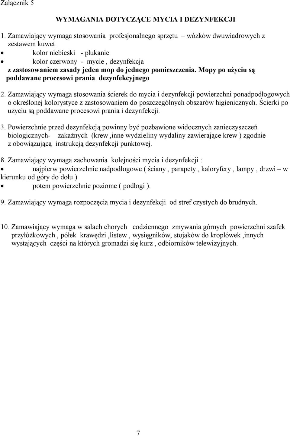 Zamawiający wymaga stosowania ścierek do mycia i dezynfekcji powierzchni ponadpodłogowych o określonej kolorystyce z zastosowaniem do poszczególnych obszarów higienicznych.