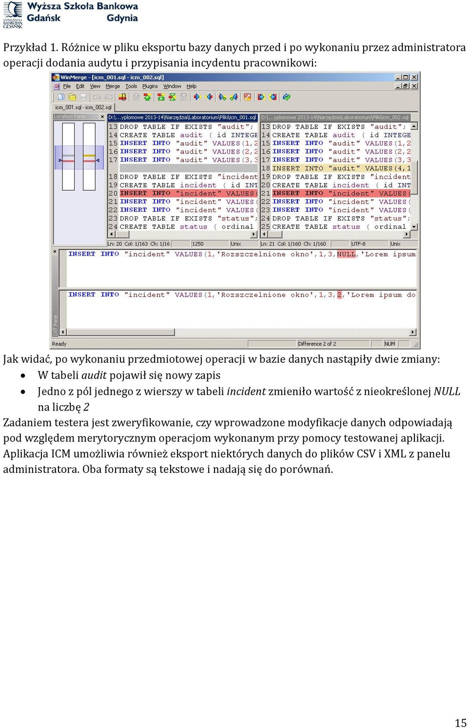 przedmiotowej operacji w bazie danych nastąpiły dwie zmiany: W tabeli audit pojawił się nowy zapis Jedno z pól jednego z wierszy w tabeli incident zmieniło wartość z