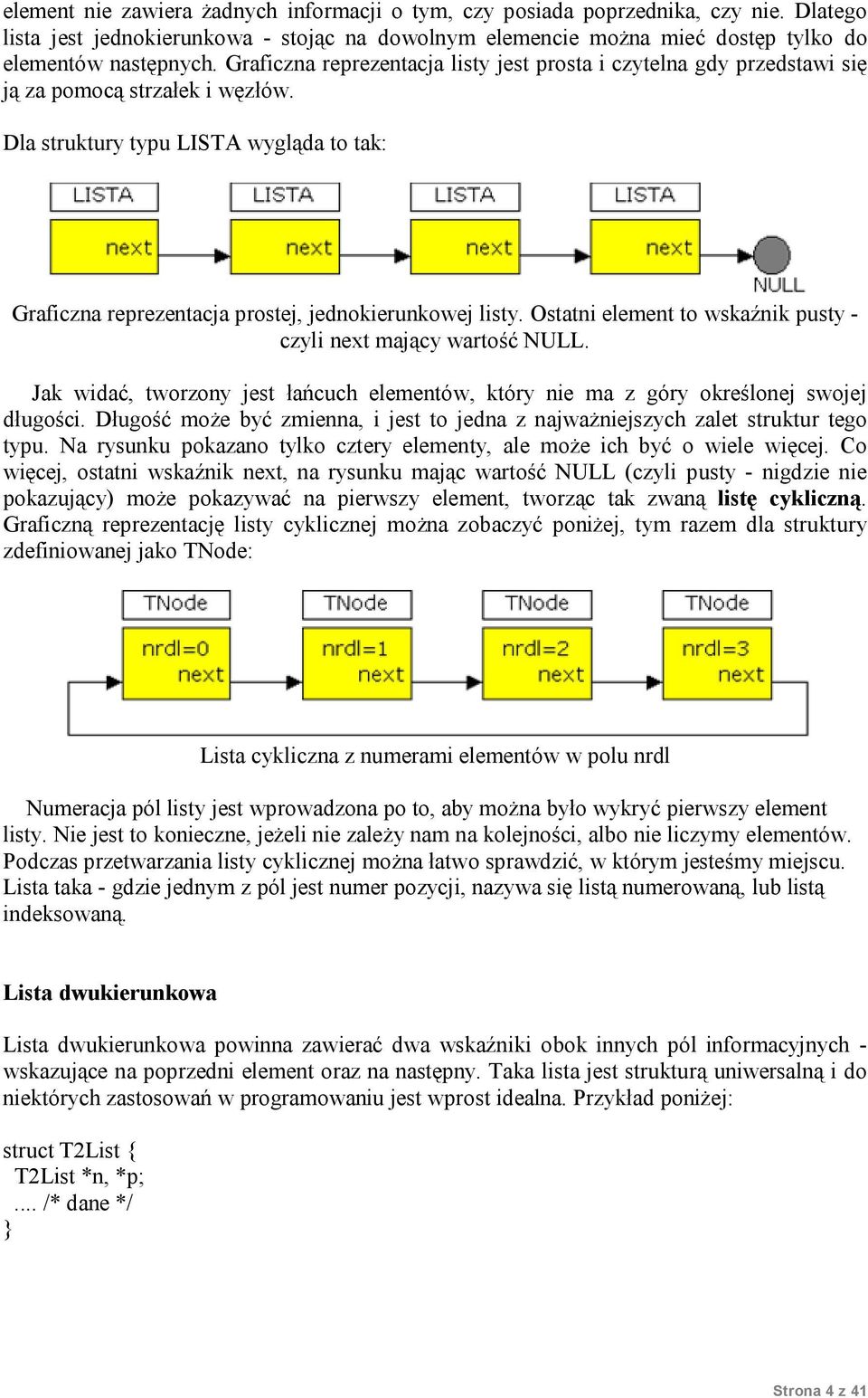 Dla struktury typu LISTA wygląda to tak: Graficzna reprezentacja prostej, jednokierunkowej listy. Ostatni element to wskaźnik pusty - czyli next mający wartość NULL.