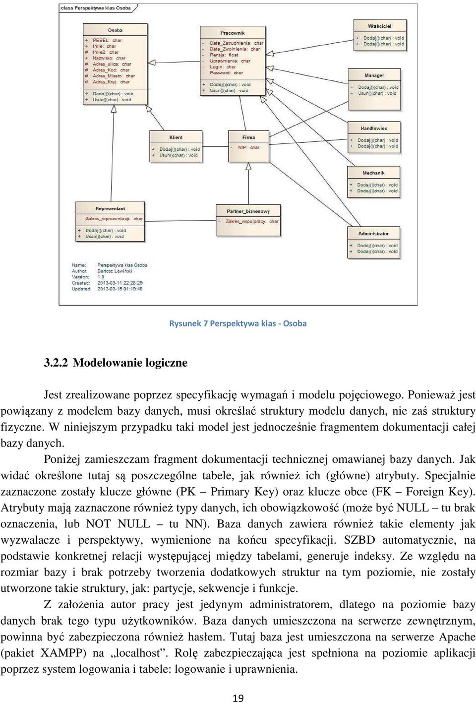 W niniejszym przypadku taki model jest jednocześnie fragmentem dokumentacji całej bazy danych. Poniżej zamieszczam fragment dokumentacji technicznej omawianej bazy danych.