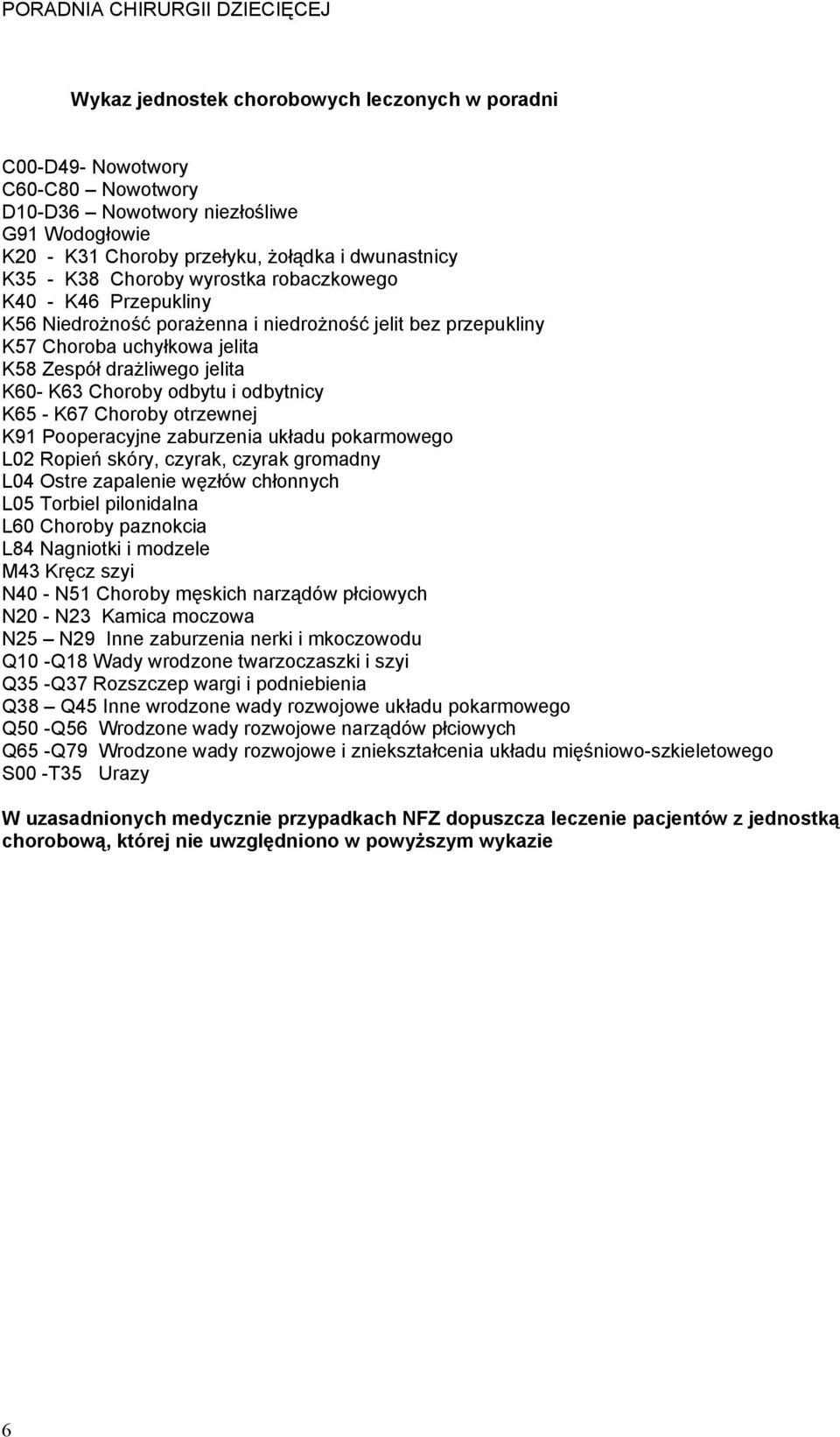 K67 Choroby otrzewnej K91 Pooperacyjne zaburzenia układu pokarmowego L02 Ropień skóry, czyrak, czyrak gromadny L04 Ostre zapalenie węzłów chłonnych L05 Torbiel pilonidalna L60 Choroby paznokcia L84