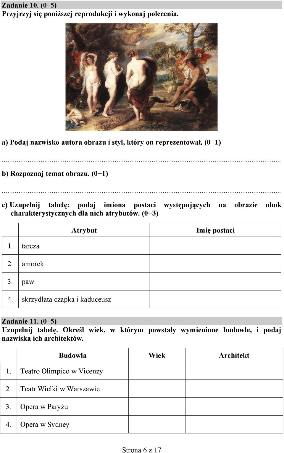 (0 3) Atrybut Imię postaci 1. tarcza 2. amorek 3. paw 4. skrzydlata czapka i kaduceusz Zadanie 11. (0 5) Uzupełnij tabelę.