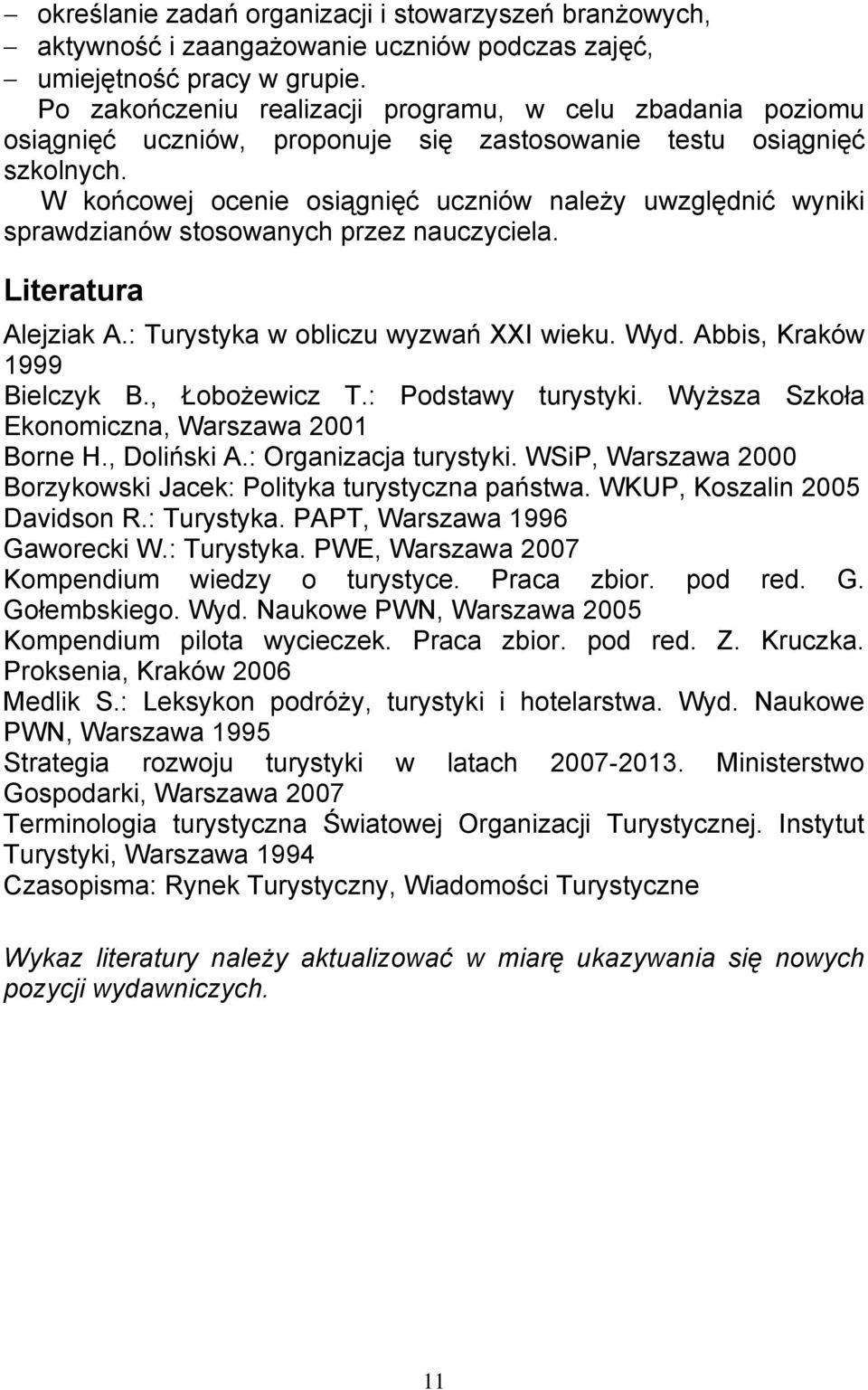 W końcowej ocenie osiągnięć uczniów należy uwzględnić wyniki sprawdzianów stosowanych przez nauczyciela. Literatura Alejziak A.: Turystyka w obliczu wyzwań XXI wieku. Wyd.