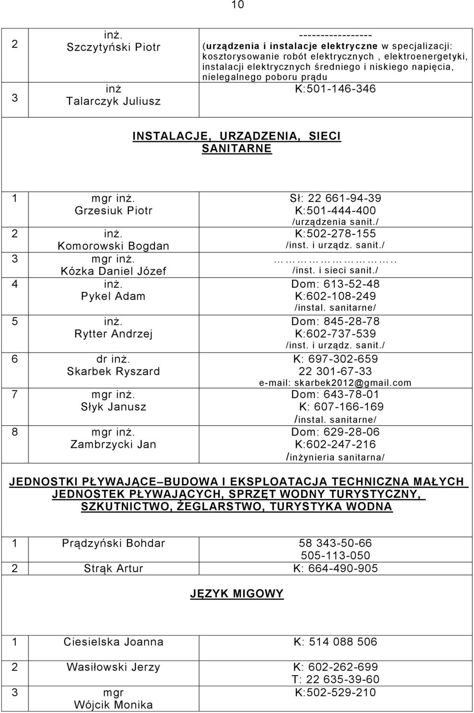 napięcia, nielegalnego poboru prądu K:501146346 INSTALACJE, URZĄDZENIA, SIECI SANITARNE Grzesiuk Piotr 2 inż. Komorowski Bogdan 3 mgr inż. Kózka Daniel Józef 4 inż. Pykel Adam 5 inż.