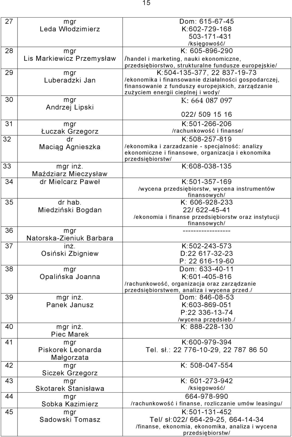 funduszy europejskich, zarządzanie zużyciem energii cieplnej i wody/ K: 664 087 097 022/ 509 15 16 K:501266206 /rachunkowość i finanse/ K:508257819 /ekonomika i zarzadzanie specjalność: analizy