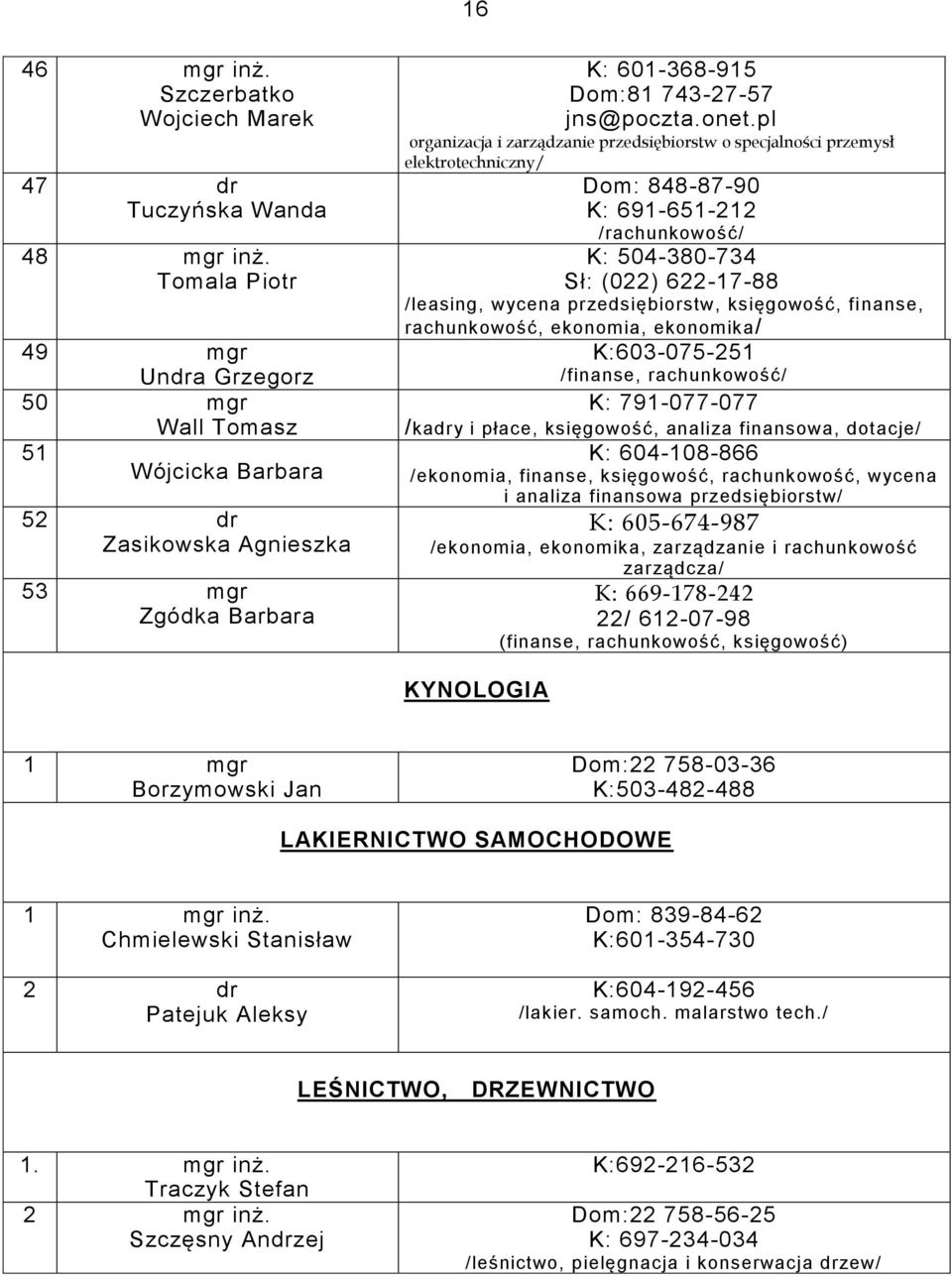 pl organizacja i zarządzanie przedsiębiorstw o specjalności przemysł elektrotechniczny/ Dom: 8488790 K: 691651212 /rachunkowość/ K: 504380734 Sł: (022) 6221788 /leasing, wycena przedsiębiorstw,