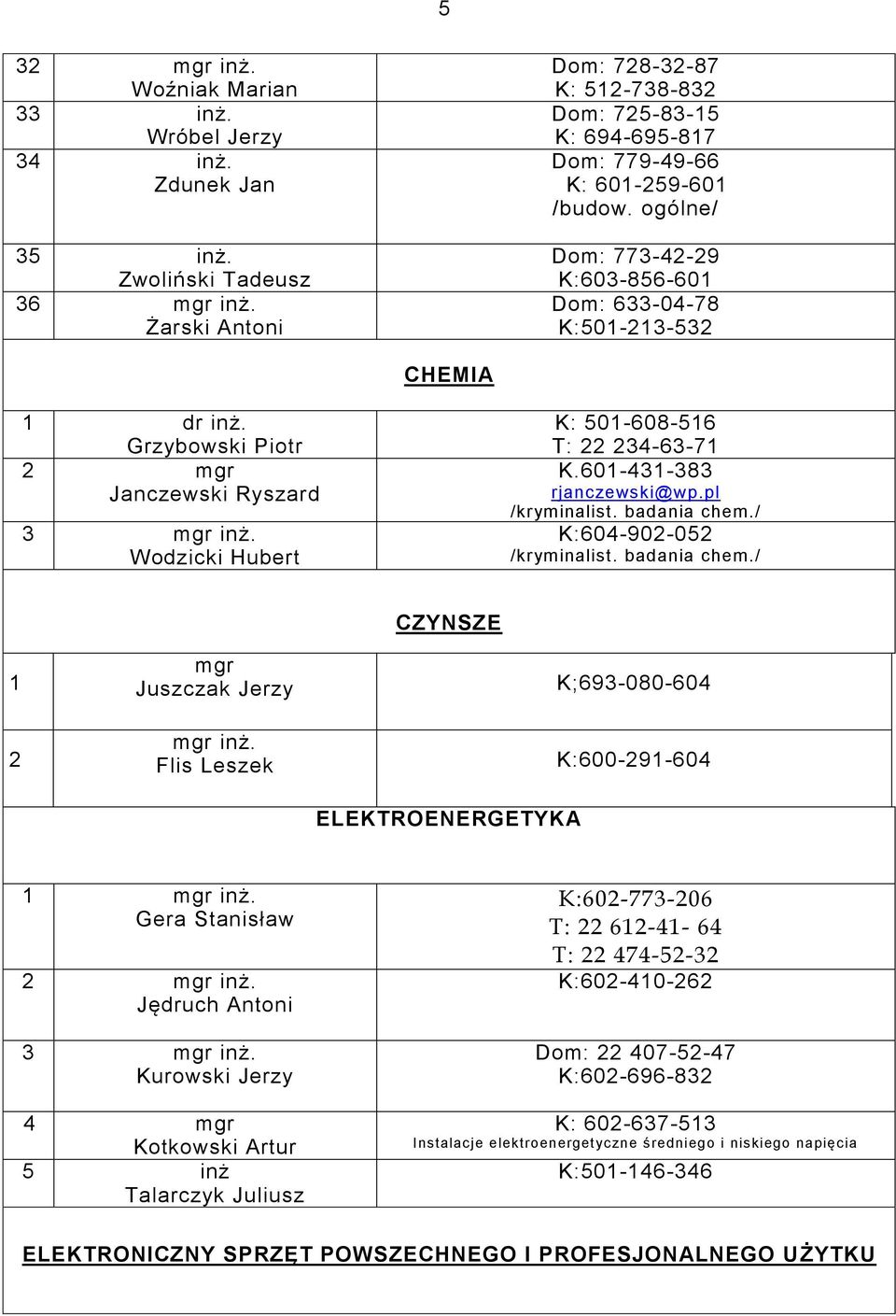 601431383 rjanczewski@wp.pl /kryminalist. badania chem./ K:604902052 /kryminalist. badania chem./ CZYNSZE 1 2 mgr Juszczak Jerzy mgr inż.