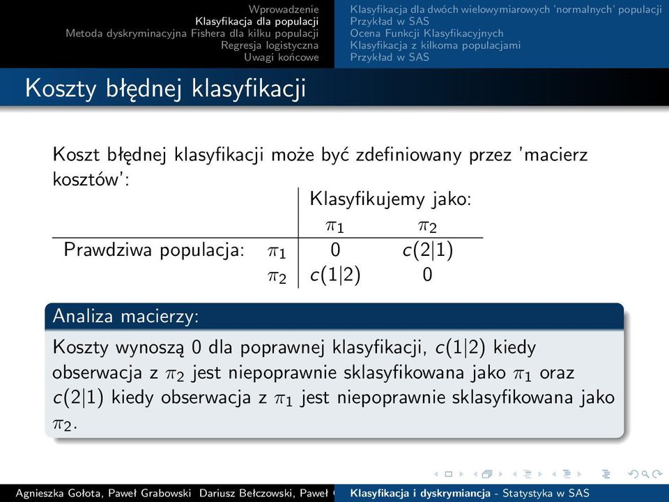 macierzy: Koszty wynoszą 0 dla poprawnej klasyfikacji, c(1 2) kiedy obserwacja z π 2 jest