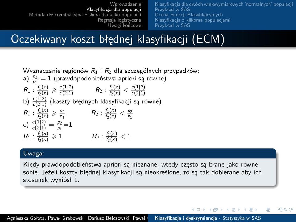 p 2 p 1 c) c(1 2) c(2 1) = p 2 =1 p 1 R 1 : f 1(x) f 2 (x) 1 Uwaga: R 2 : f 1(x) f 2 (x) < p 2 p 1 R 2 : f 1(x) f 2 (x) < 1 Kiedy prawdopodobieństwa