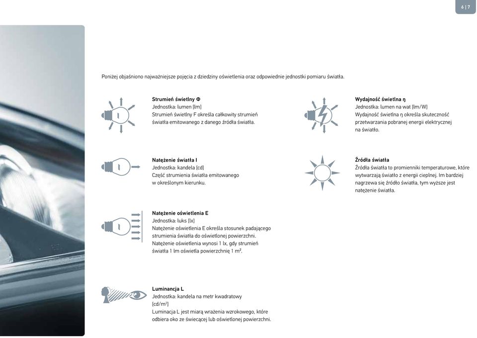 Wydajność świetlna ŋ Jednostka: lumen na wat [lm/w] Wydajność świetlna ŋ określa skuteczność przetwarzania pobranej energii elektrycznej na światło.