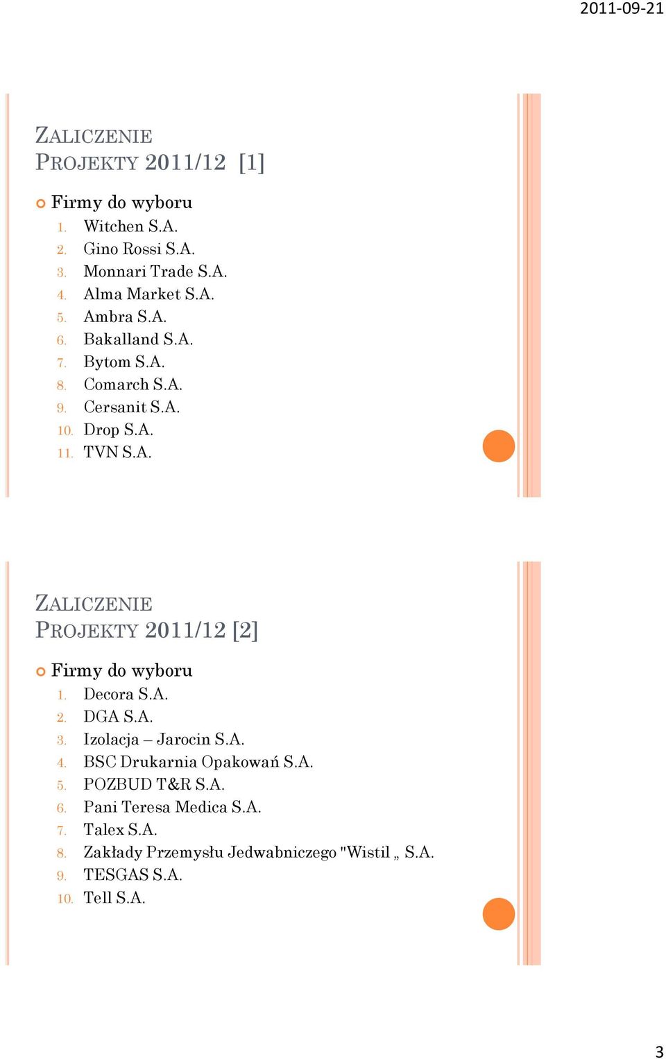 Decora S.A. 2. DGA S.A. 3. Izolacja Jarocin S.A. 4. BSC Drukarnia Opakowań S.A. 5. POZBUD T&R S.A. 6. Pani Teresa Medica S.A. 7.