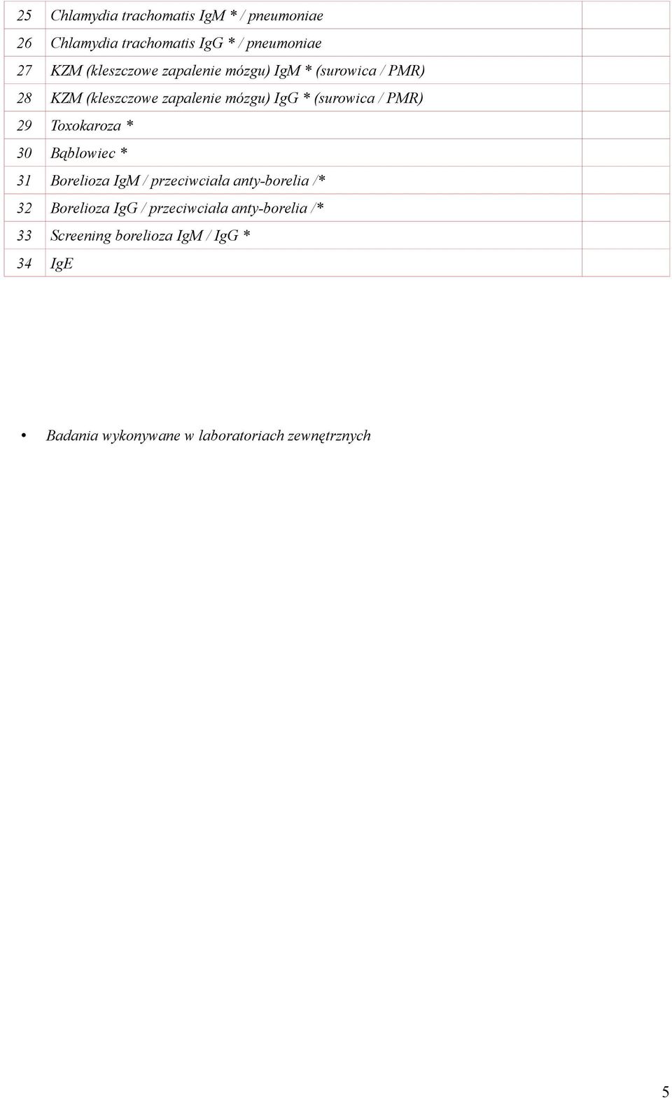 PMR) 29 Toxokaroza * 30 Bąblowiec * 31 Borelioza IgM / przeciwciała anty-borelia /* 32 Borelioza IgG /