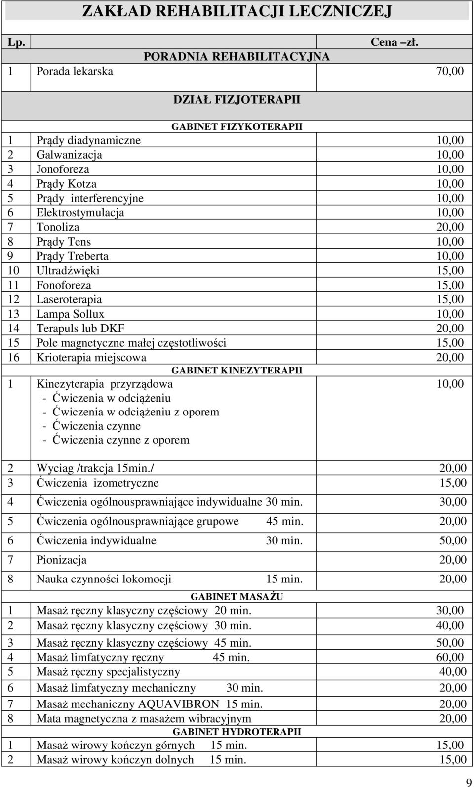 interferencyjne 10,00 6 Elektrostymulacja 10,00 7 Tonoliza 8 Prądy Tens 10,00 9 Prądy Treberta 10,00 10 Ultradźwięki 15,00 11 Fonoforeza 15,00 12 Laseroterapia 15,00 13 Lampa Sollux 10,00 14 Terapuls