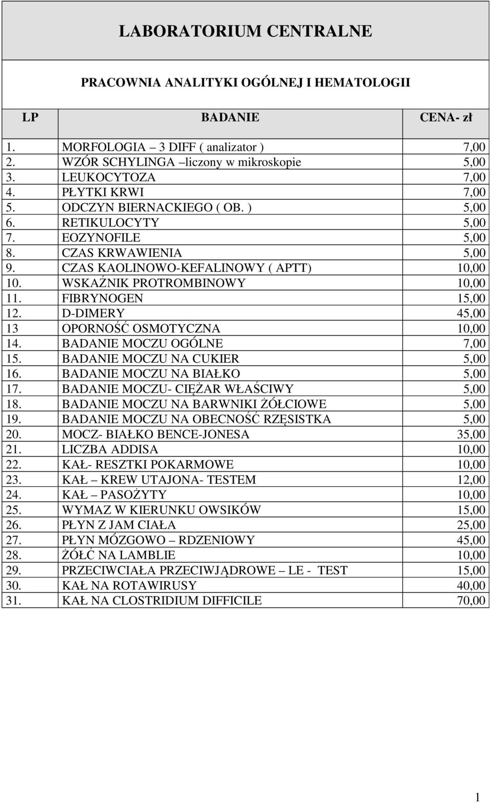 FIBRYNOGEN 15,00 12. D-DIMERY 45,00 13 OPORNOŚĆ OSMOTYCZNA 10,00 14. BADANIE MOCZU OGÓLNE 7,00 15. BADANIE MOCZU NA CUKIER 5,00 16. BADANIE MOCZU NA BIAŁKO 5,00 17.