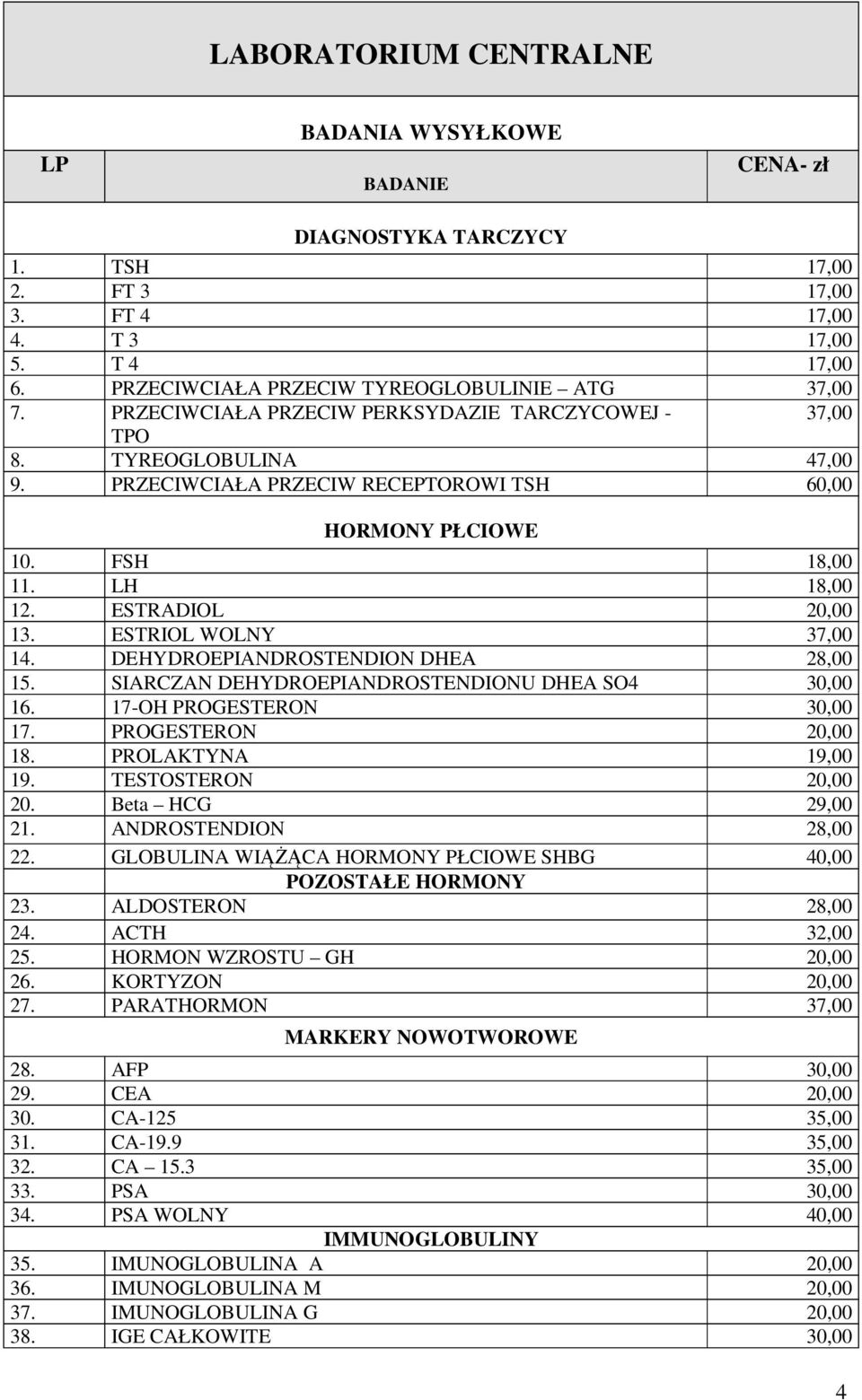 FSH 18,00 11. LH 18,00 12. ESTRADIOL 13. ESTRIOL WOLNY 37,00 14. DEHYDROEPIANDROSTENDION DHEA 28,00 15. SIARCZAN DEHYDROEPIANDROSTENDIONU DHEA SO4 16. 17-OH PROGESTERON 17. PROGESTERON 18.