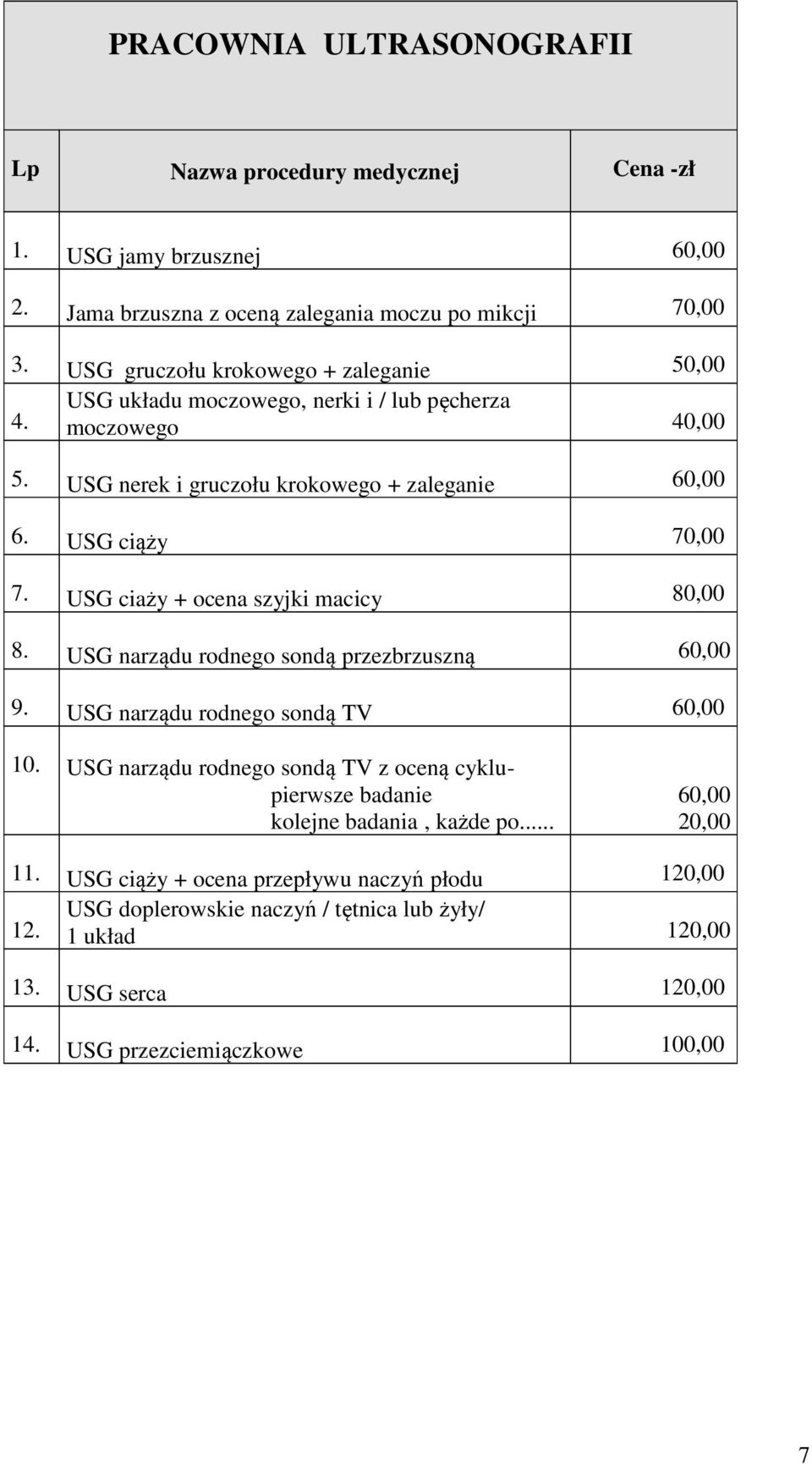 USG ciaży + ocena szyjki macicy 80,00 8. USG narządu rodnego sondą przezbrzuszną 60,00 9. USG narządu rodnego sondą TV 60,00 10.