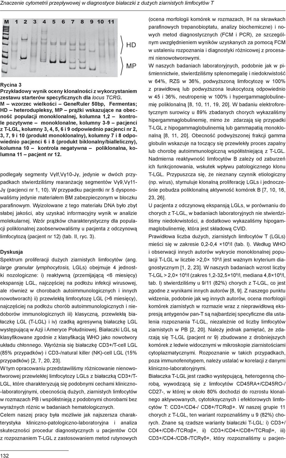 T-LGL, kolumny 3, 4, 5, 6 i 9 odpowiednio pacjenci nr 2, 3, 7, 9 i 10 (produkt monoklonalny), kolumny 7 i 8 odpowiednio pacjenci 6 i 8 (produkt biklonalny/bialleliczny), kolumna 10 kontrola negatywna