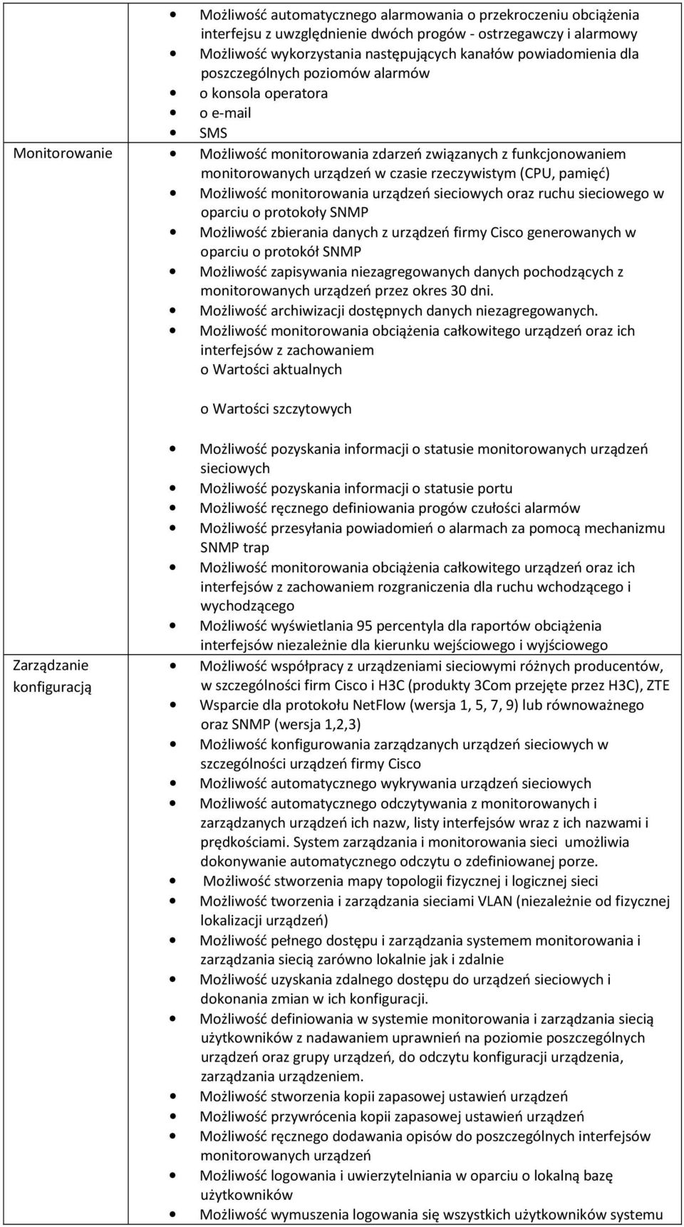 Możliwość monitorowania urządzeń sieciowych oraz ruchu sieciowego w oparciu o protokoły SNMP Możliwość zbierania danych z urządzeń firmy Cisco generowanych w oparciu o protokół SNMP Możliwość