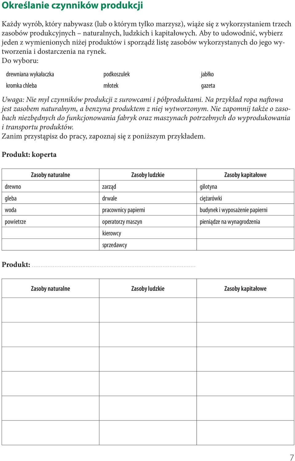 Do wyboru: drewniana wykałaczka podkoszulek jabłko kromka chleba młotek gazeta Uwaga: Nie myl czynników produkcji z surowcami i półproduktami.