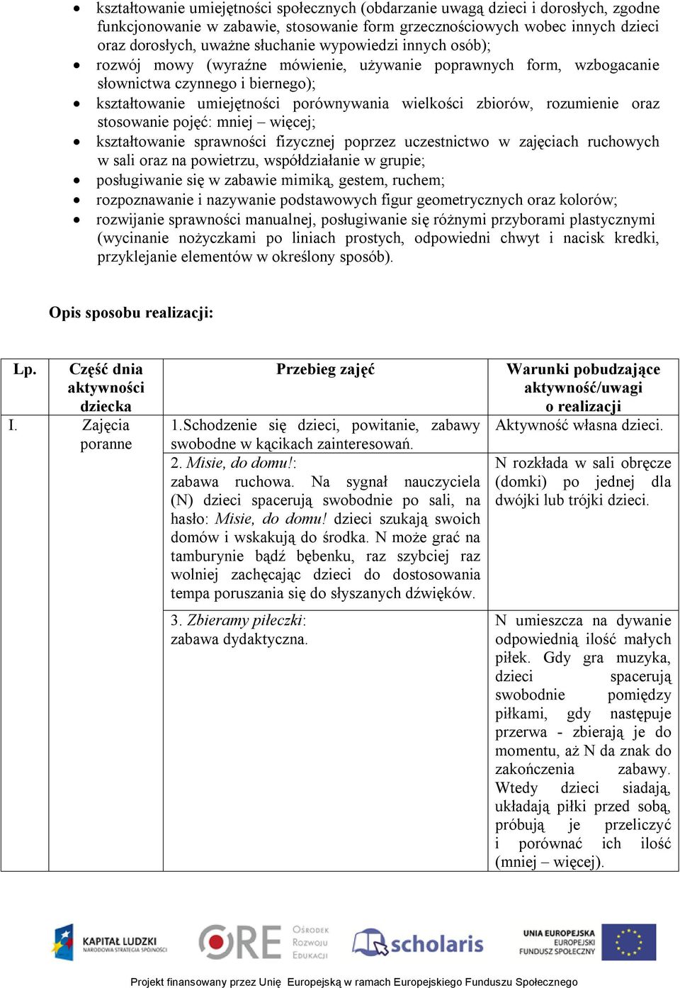 oraz stosowanie pojęć: mniej więcej; kształtowanie sprawności fizycznej poprzez uczestnictwo w zajęciach ruchowych w sali oraz na powietrzu, współdziałanie w grupie; posługiwanie się w zabawie