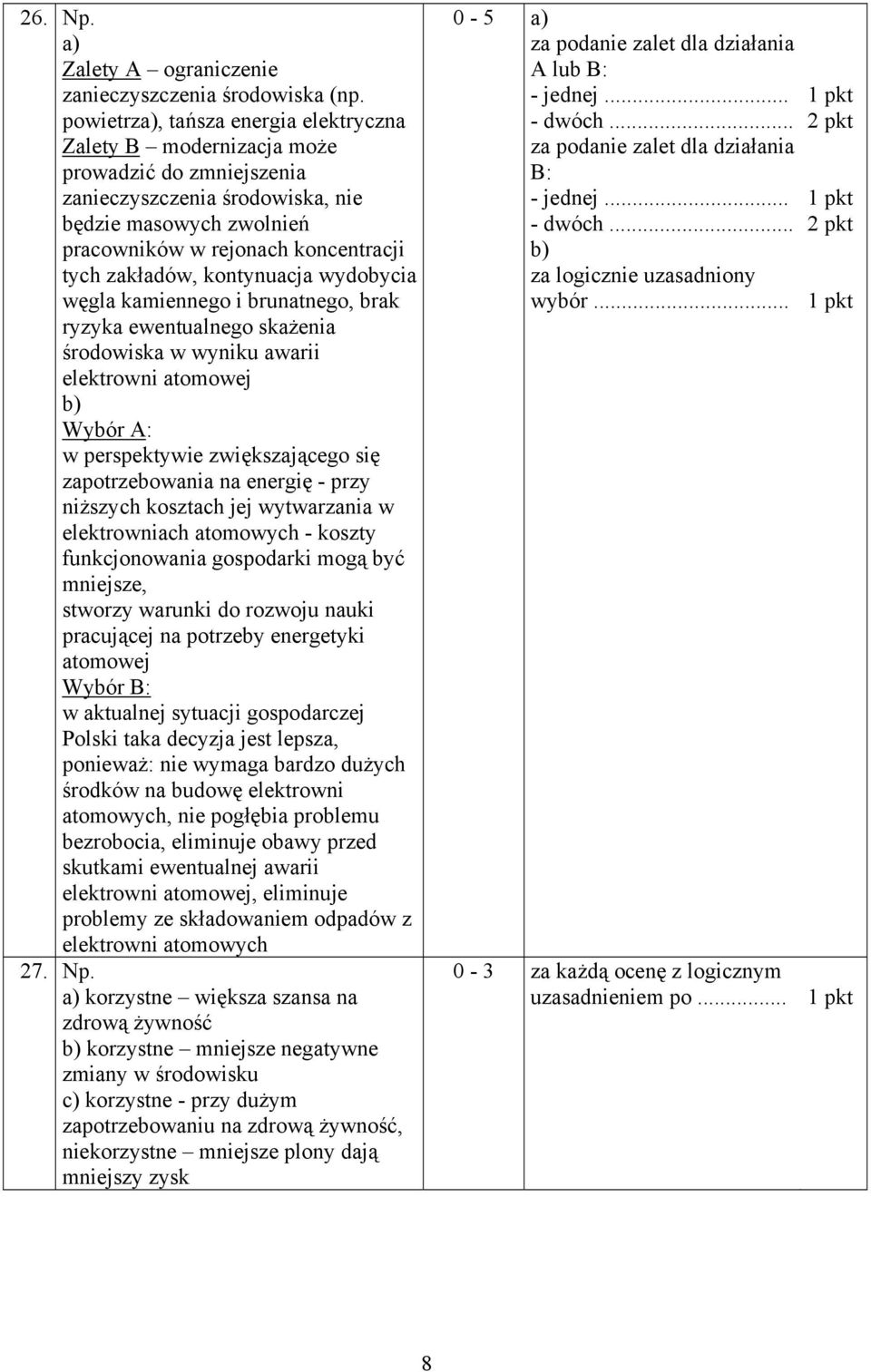 zakładów, kontynuacja wydobycia węgla kamiennego i brunatnego, brak ryzyka ewentualnego skażenia środowiska w wyniku awarii elektrowni atomowej Wybór A: w perspektywie zwiększającego się