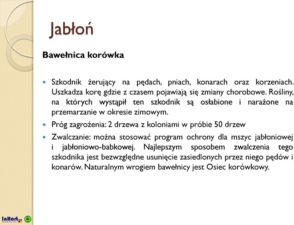 Rośliny, na których wystąpił ten szkodnik są osłabione i narażone na przemarzanie w okresie zimowym.