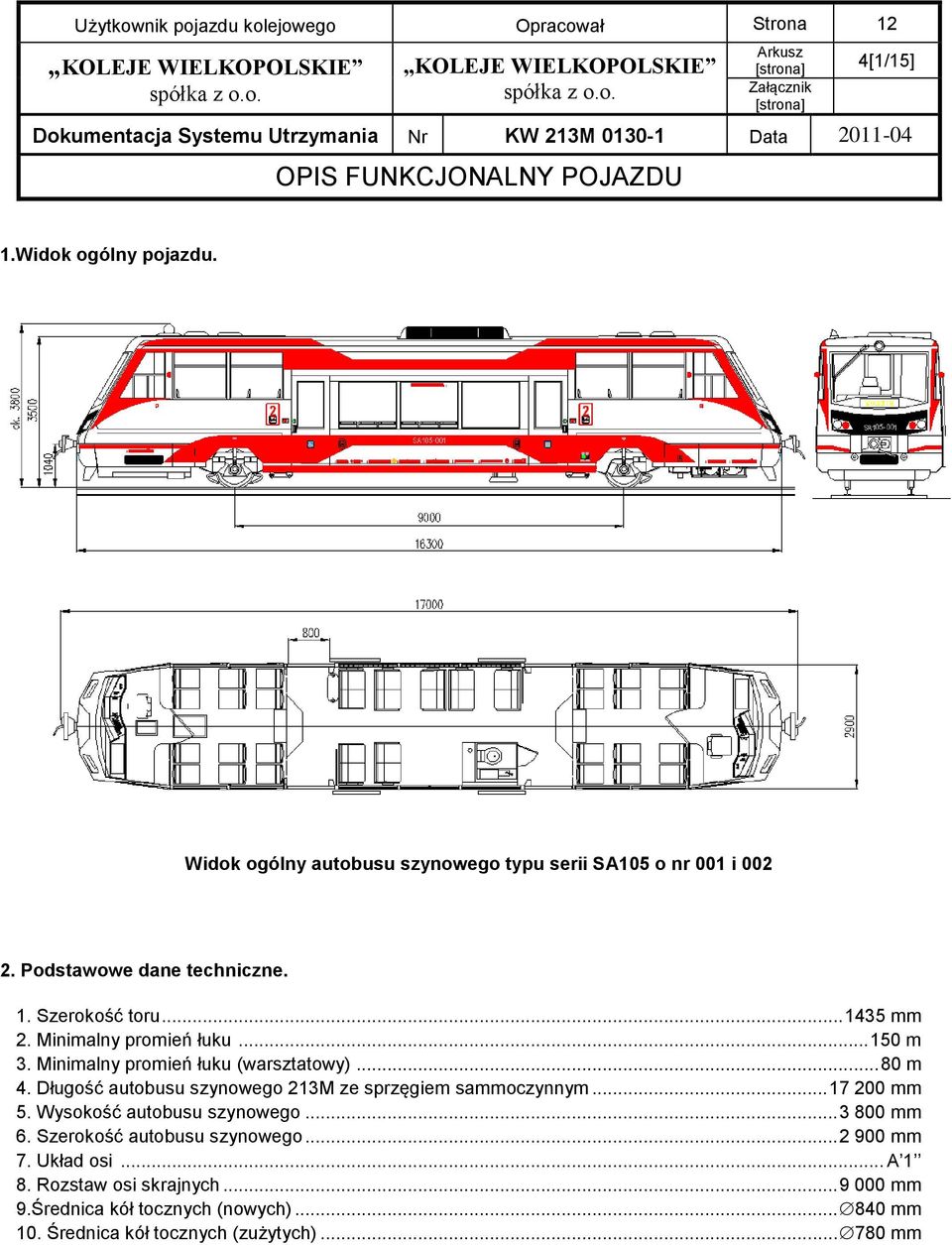 .. 150 m 3. Minimalny promień łuku (warsztatowy)... 80 m 4. Długość autobusu szynowego 213M ze sprzęgiem sammoczynnym... 17 200 mm 5.