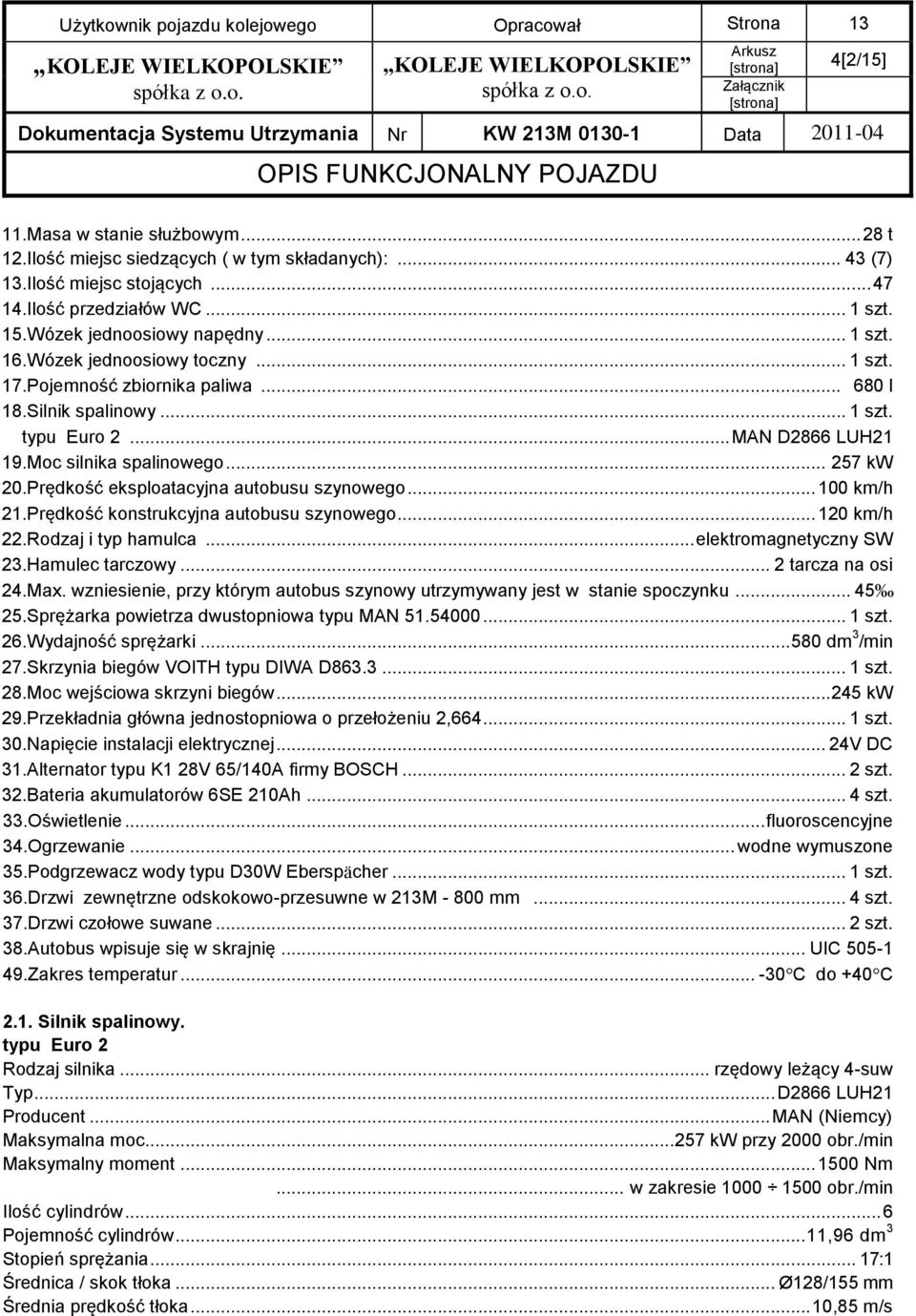 .. 1 szt. typu Euro 2... MAN D2866 LUH21 19.Moc silnika spalinowego... 257 kw 20.Prędkość eksploatacyjna autobusu szynowego... 100 km/h 21.Prędkość konstrukcyjna autobusu szynowego... 120 km/h 22.