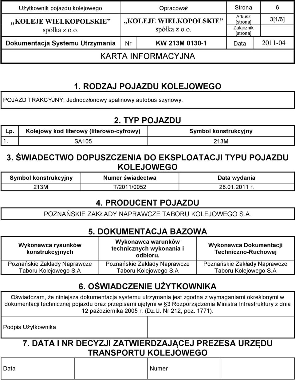 ŚWIADECTWO DOPUSZCZENIA DO EKSPLOATACJI TYPU POJAZDU KOLEJOWEGO Symbol konstrukcyjny Numer świadectwa Data wydania 213M T/2011/0052 28.01.2011 r. 4.