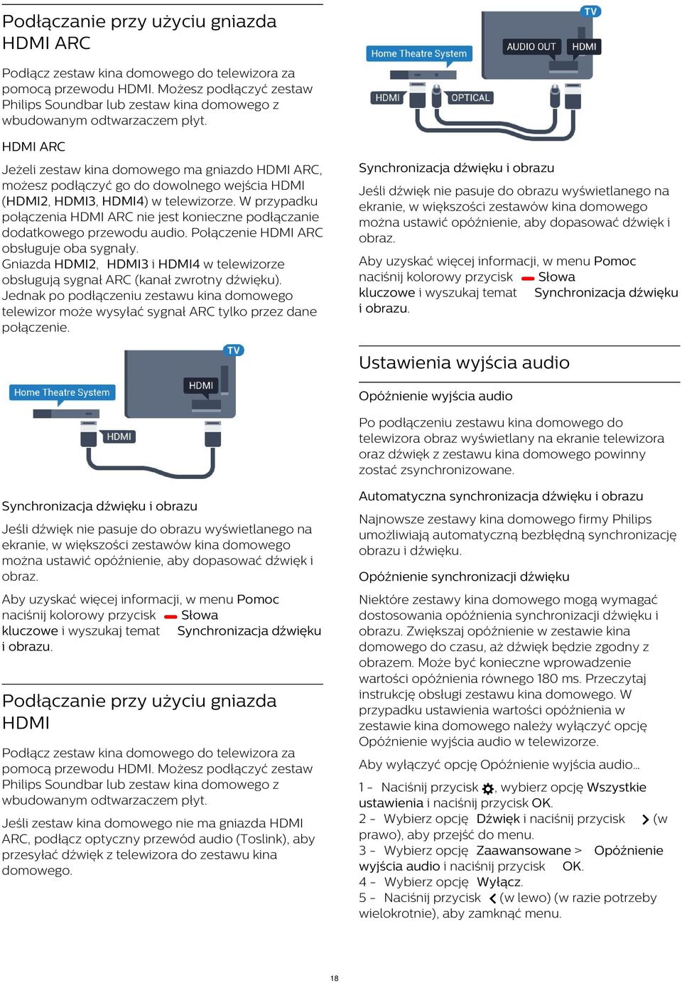 HDMI ARC Synchronizacja dźwięku i obrazu Jeżeli zestaw kina domowego ma gniazdo HDMI ARC, możesz podłączyć go do dowolnego wejścia HDMI (HDMI2, HDMI3, HDMI4) w telewizorze.