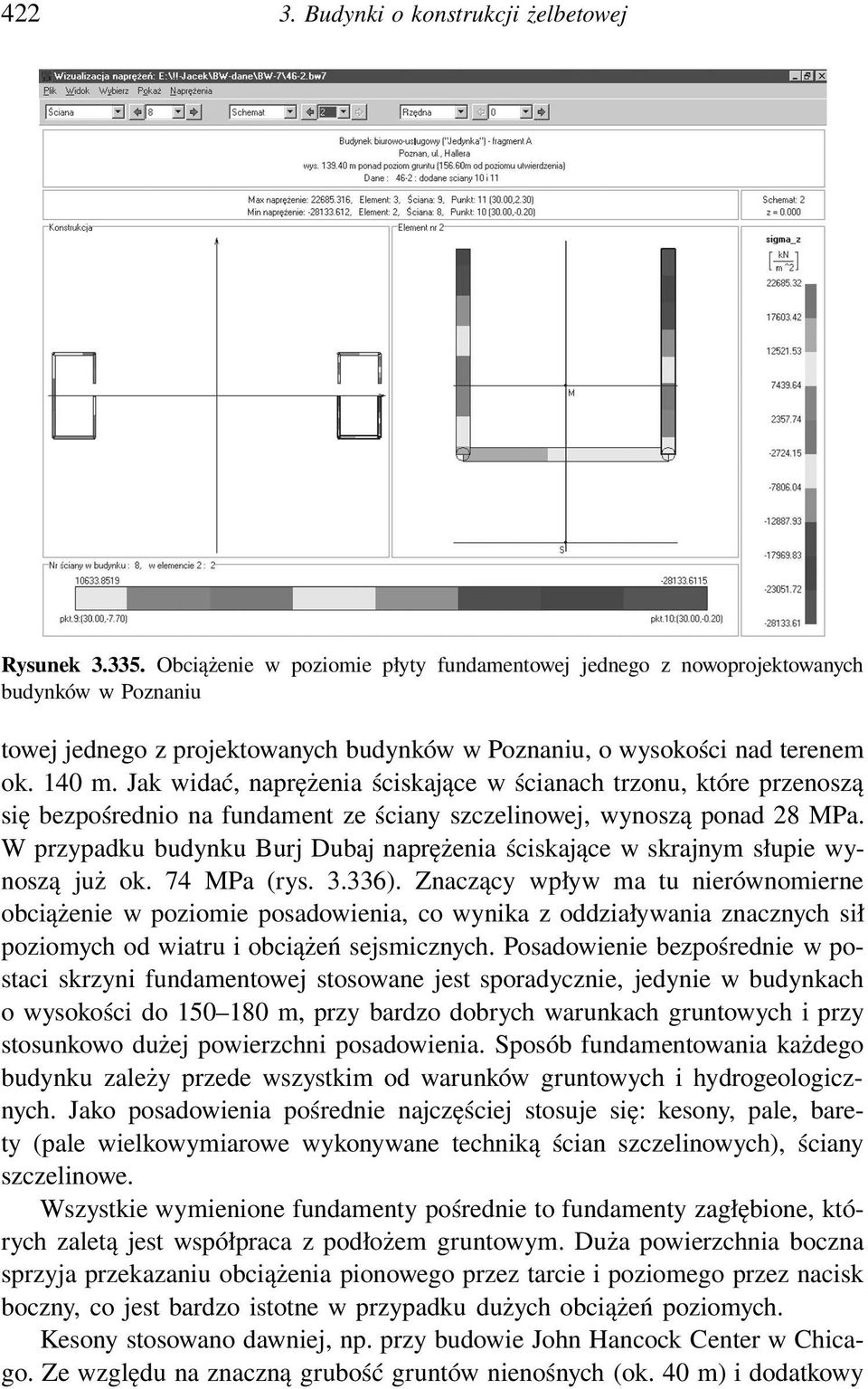 Jak widać, naprężenia ściskające w ścianach trzonu, które przenoszą się bezpośrednio na fundament ze ściany szczelinowej, wynoszą ponad 28 MPa.
