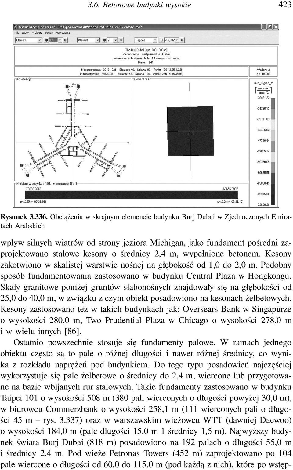 średnicy 2,4 m, wypełnione betonem. Kesony zakotwiono w skalistej warstwie nośnej na głębokość od 1,0 do 2,0 m. Podobny sposób fundamentowania zastosowano w budynku Central Plaza w Hongkongu.
