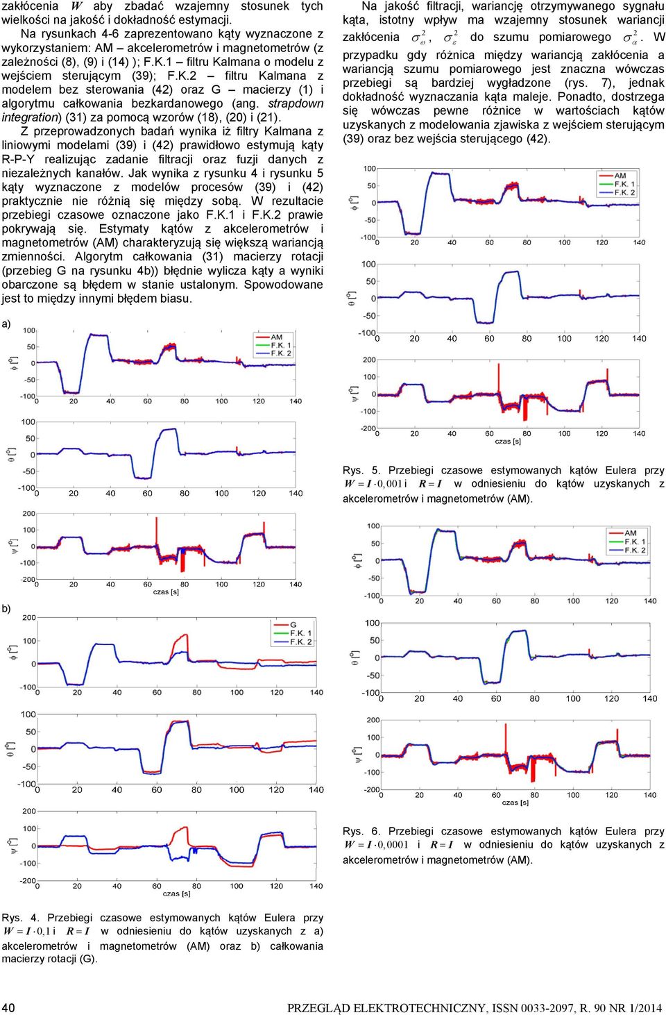 1 filtru Kalmana o modelu z wejściem sterującym (39); F.K. filtru Kalmana z modelem bez sterowania (4) oraz macierzy (1) i algorytmu całowania bezardanowego (ang.
