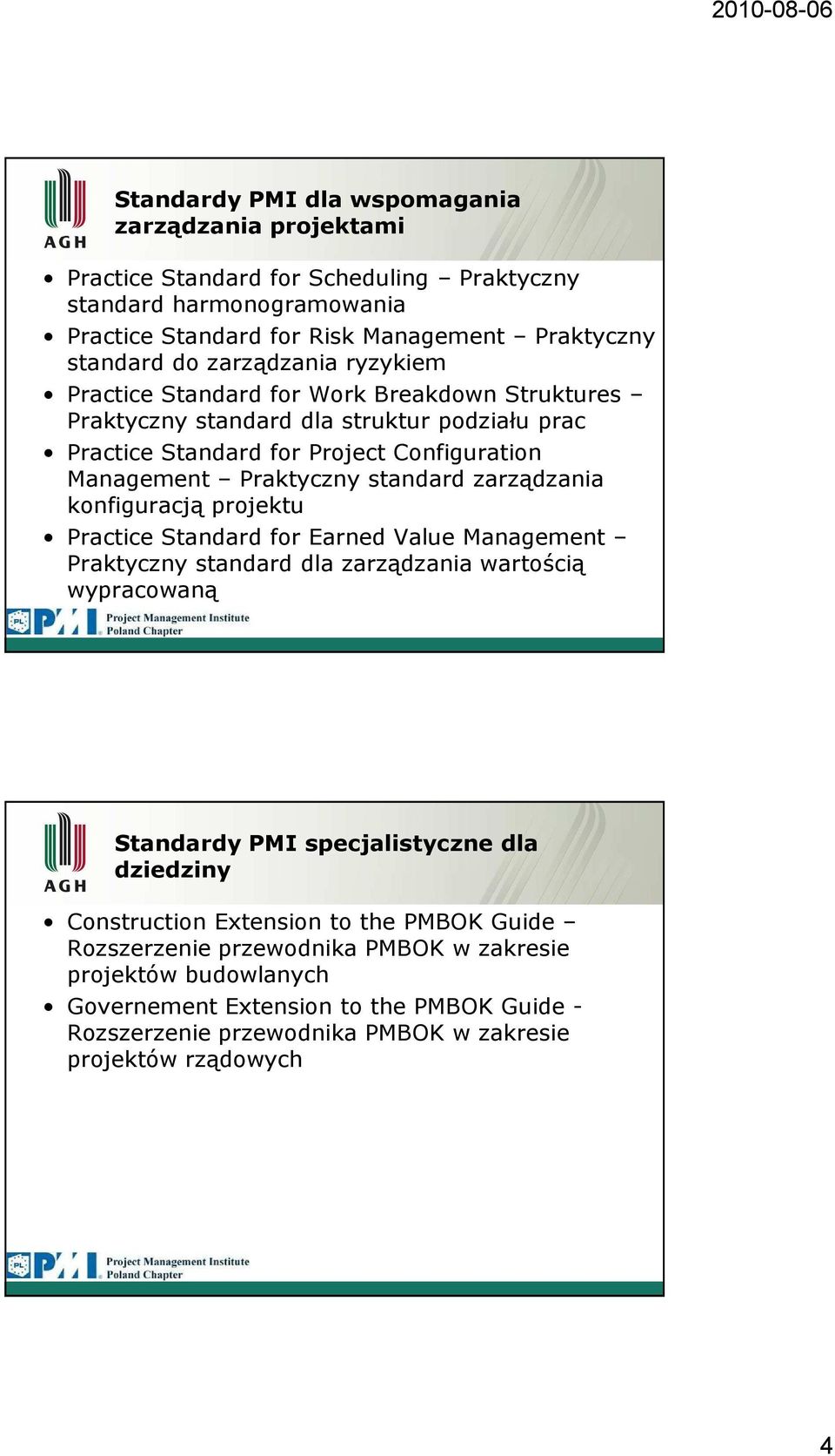 zarządzania konfiguracją projektu Practice Standard for Earned Value Management Praktyczny standard dla zarządzania wartością wypracowaną Standardy PMI specjalistyczne dla dziedziny