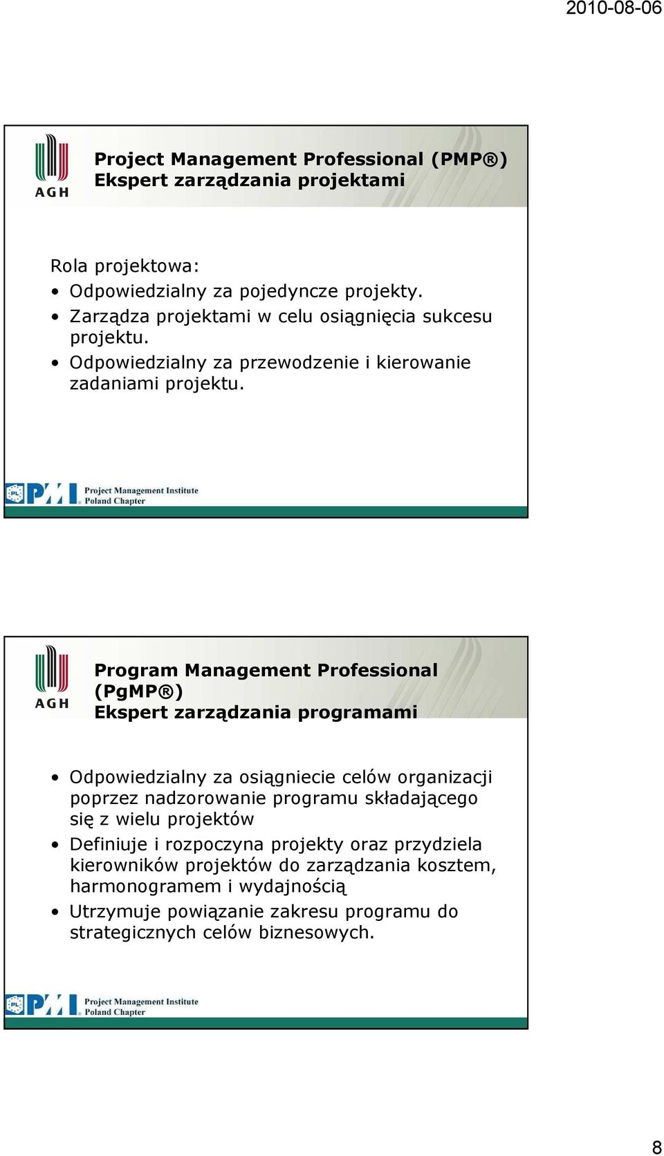 Program Management Professional (PgMP ) Ekspert zarządzania programami Odpowiedzialny za osiągniecie celów organizacji poprzez nadzorowanie programu