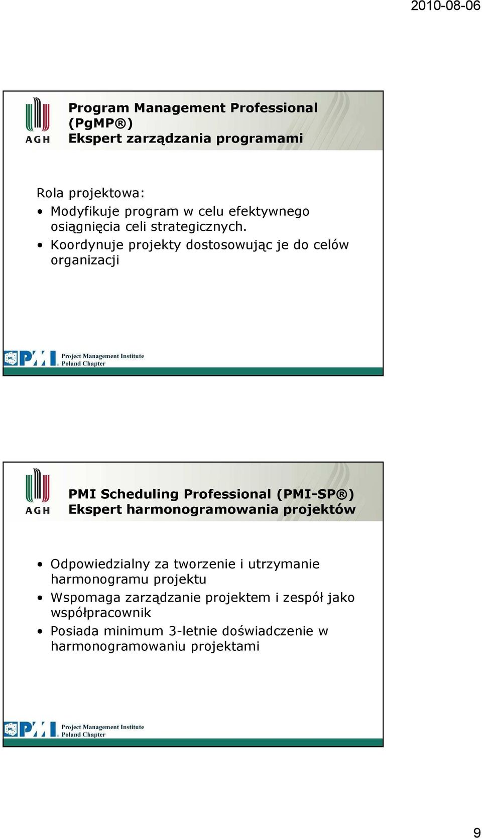 Koordynuje projekty dostosowując je do celów organizacji PMI Scheduling Professional (PMI-SP ) Ekspert harmonogramowania