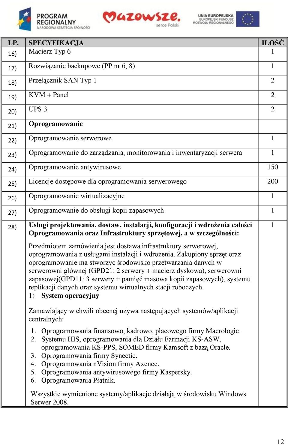 wirtualizacyjne 1 27) Oprogramowanie do obsługi kopii zapasowych 1 28) Usługi projektowania, dostaw, instalacji, konfiguracji i wdrożenia całości Oprogramowania oraz Infrastruktury sprzętowej, a w