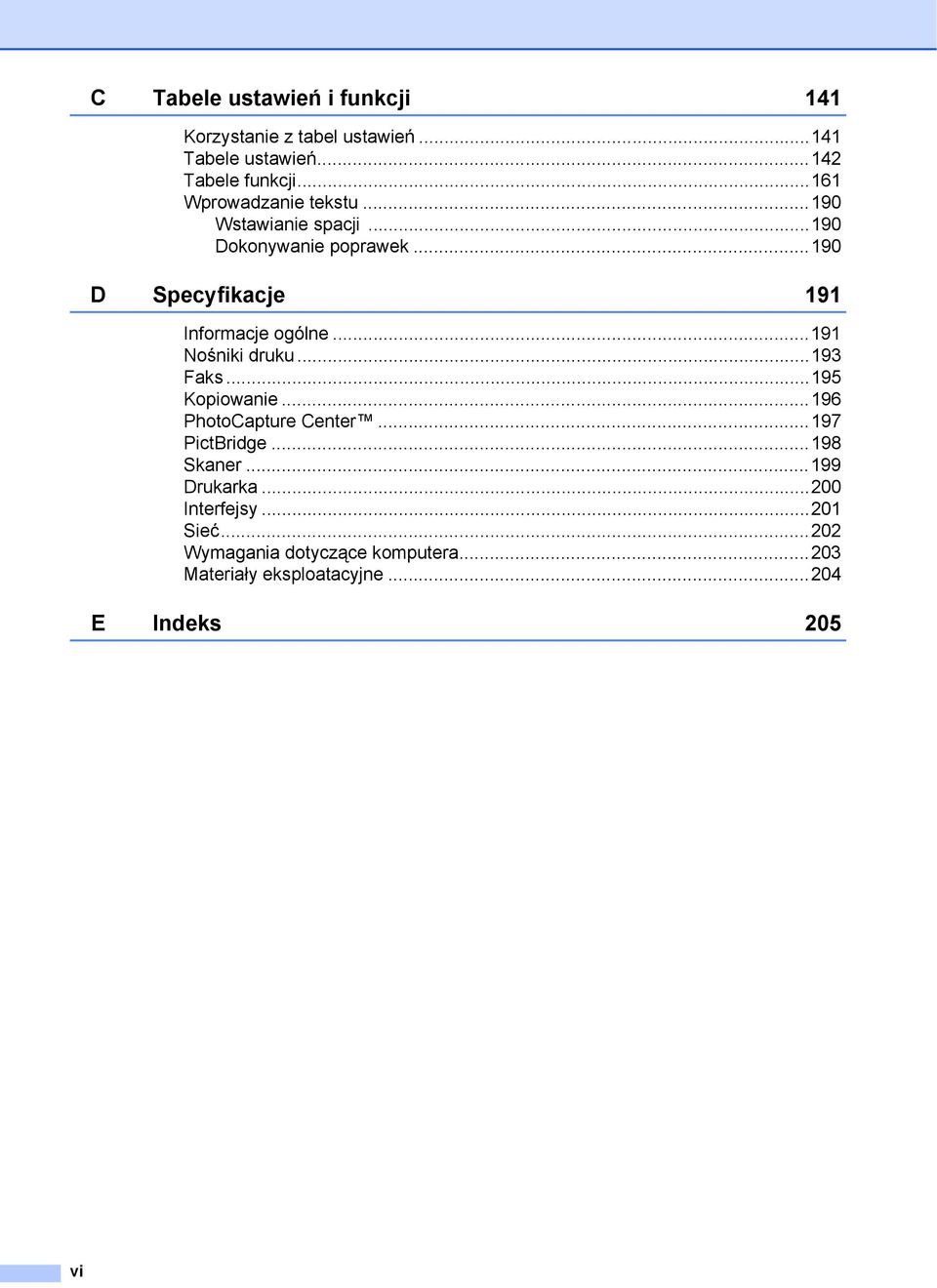 ..190 D Specyfikacje 191 Informacje ogólne...191 Nośniki druku...193 Faks...195 Kopiowanie...196 PhotoCapture Center.