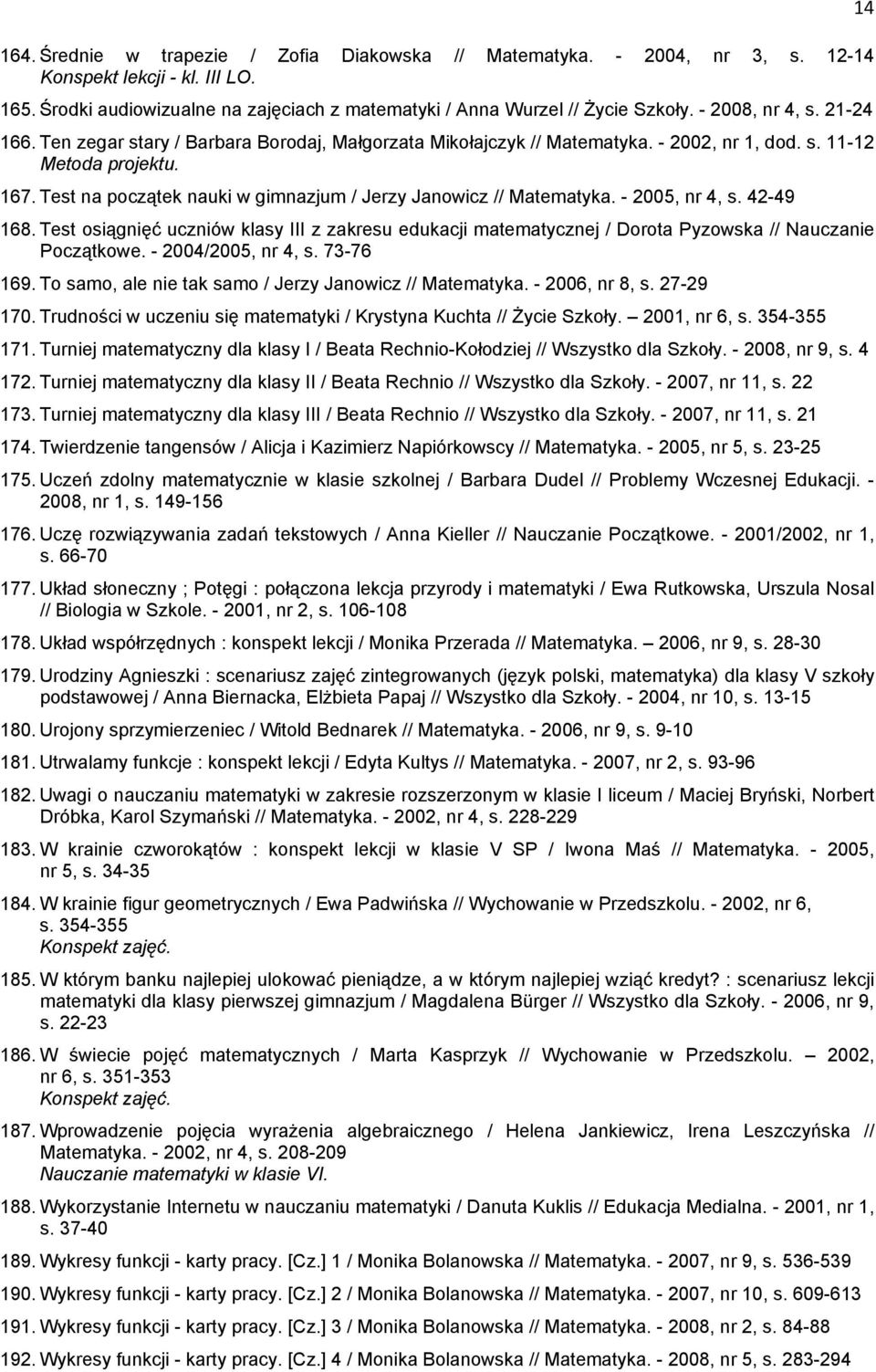 Test na początek nauki w gimnazjum / Jerzy Janowicz // Matematyka. - 2005, nr 4, s. 42-49 168.