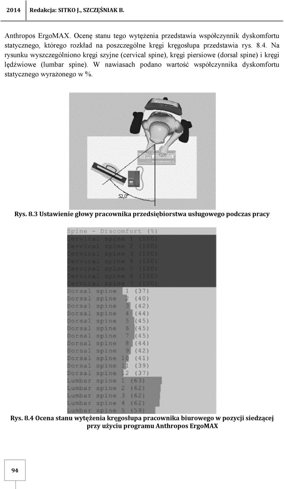 Na rysunku wyszczególniono kręgi szyjne (cervical spine), kręgi piersiowe (dorsal spine) i kręgi lędźwiowe (lumbar spine).