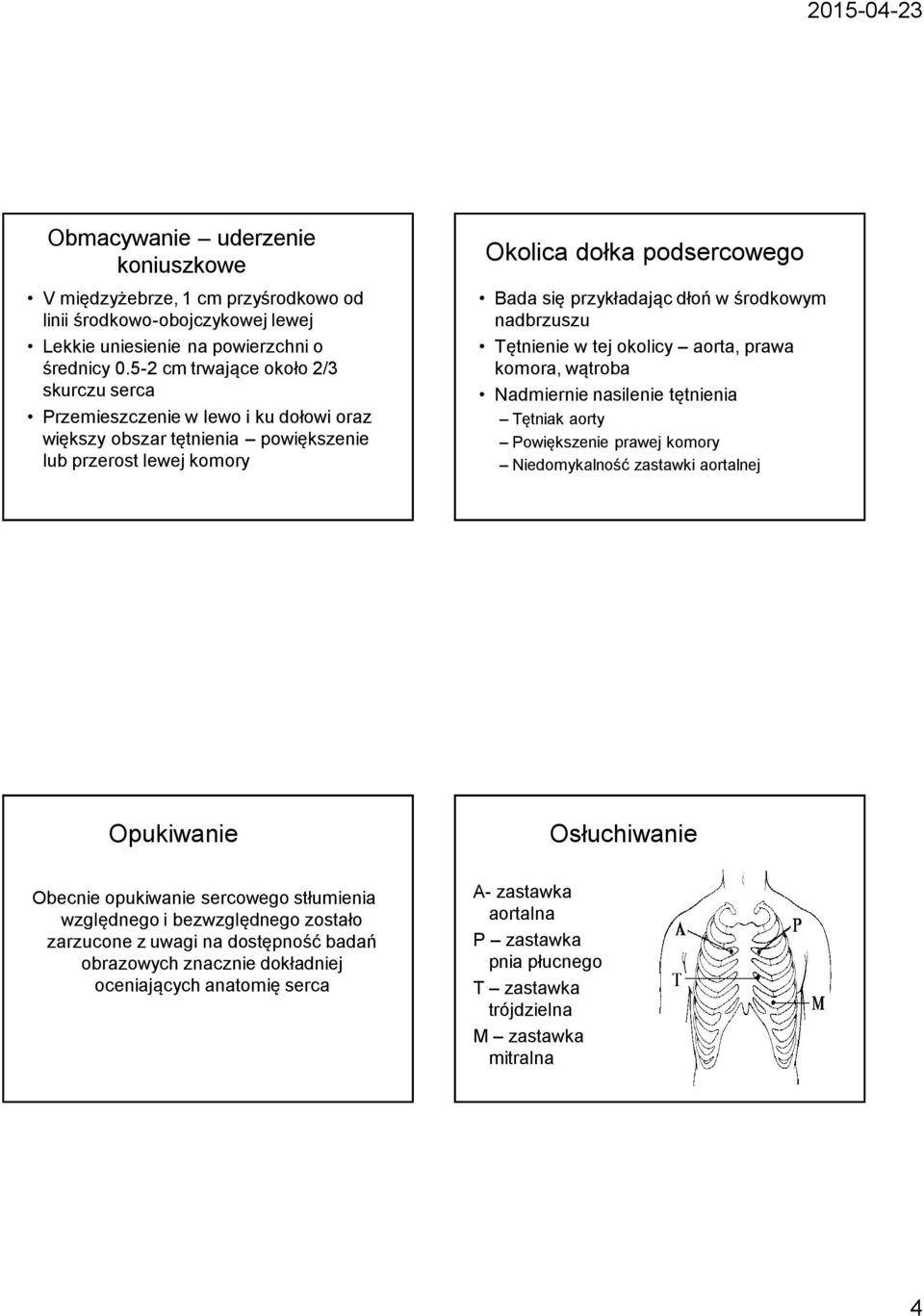 środkowym nadbrzuszu Tętnienie w tej okolicy aorta, prawa komora, wątroba Nadmiernie nasilenie tętnienia Tętniak aorty Powiększenie prawej komory Niedomykalność zastawki aortalnej Opukiwanie Obecnie